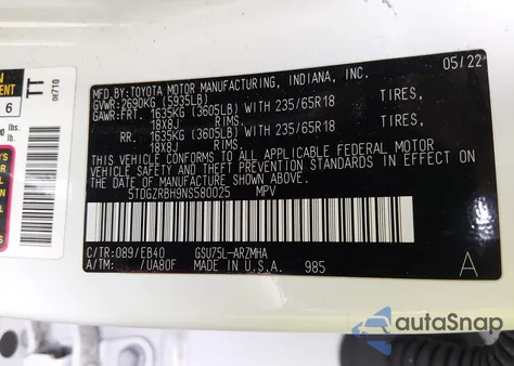 2022 Toyota Highlander Xle z USA, uszkodzony, nr VIN 5TDGZRBH9NS580025